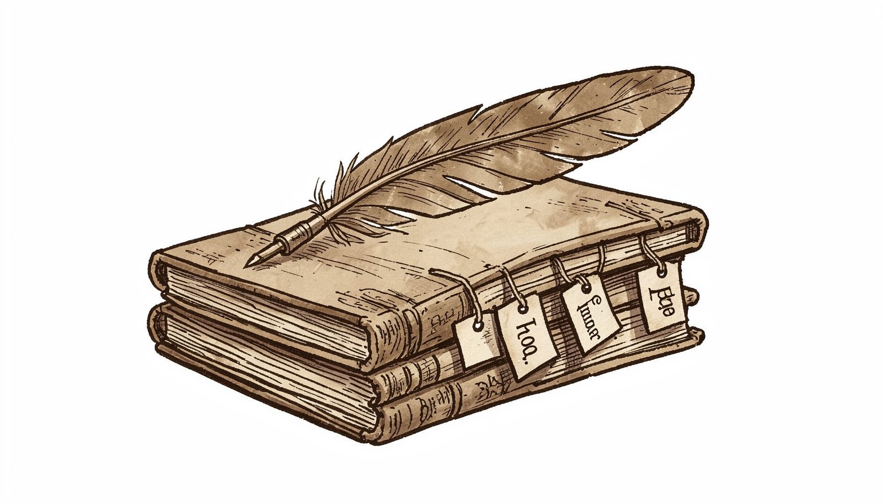A hand-drawn ink illustration of a quill pen resting across a stack of vintage books, with small paper tags dangling from the pages